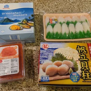 Hokkaido Scallops, Mongo Ika/Prepared Cuttlefish, New Zealand Wild Greenshell Mussels and Tobiko