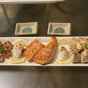 Their Hokkaido scallops, local king salmon, albacore tuna, all seared. So fresh and delicious!