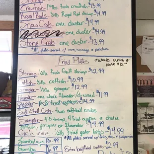 a menu on a white board