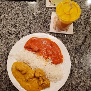 Chicken korma (the best) and butter chicken and mango lassi. This was a takeout order.