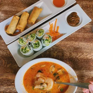 spring rolls, garden rolls and tom kha goong soup