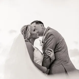 Black and white photo of bride and groom