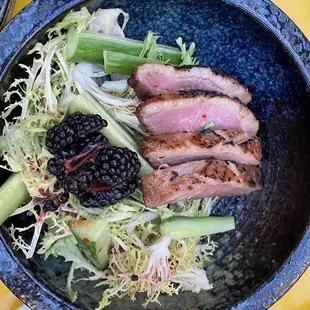 Frisée, persian cucumber, strawberries in kosho, pink peppercorn dressing