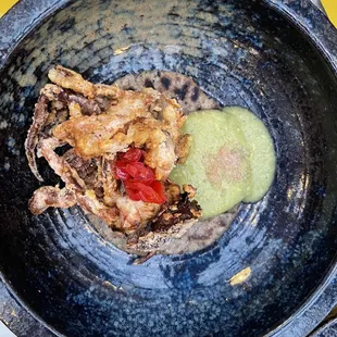Fried ceviche: marinated octopus,salsa verde cream, candied fresno chili, black sesame tostada