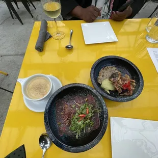 Carpaccio type thing and mushroom cappuccino