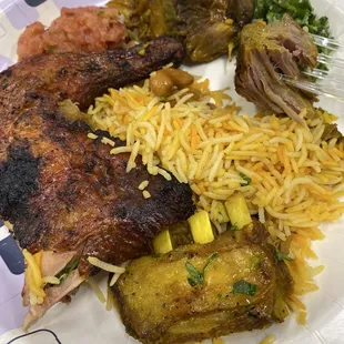 Mandi rice with rib, chicken, lamb, and more