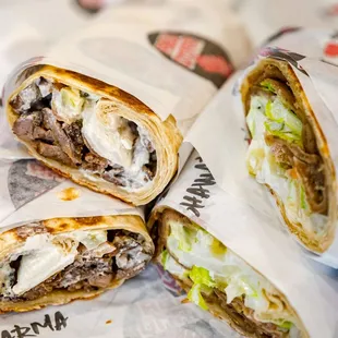 three burritos cut in half