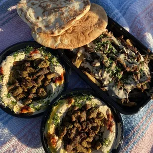 Hummus with meat and Loaded Shawarma Fries so good!!!!