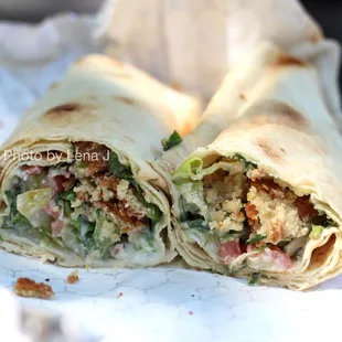 Inside of veggie wrap ($7.99) - hummus, falafel, tabouleh