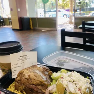 Lamb rice bowl (14) with all toppings. Free tea at left.