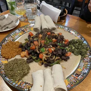 Derek Tibs (Filet mignon), Miser wot (red lentil stew), Gomen Besega (Collard Green With Beef)