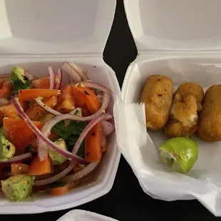 Croquettas De La Abuela (fish) and tomato avocado salad