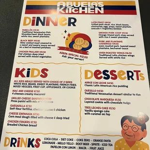 a menu for desert