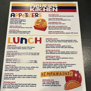 a menu for lunch