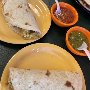 Green and red salsa with huge breakfast tacos!