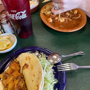 Tacos: Papas con chorizo, asada con lechuga, queso con chile plate and sweet tea con lemon!
