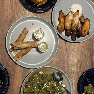 Mexican rice, fried plantains, grasshopper tacos, ensalada de nopal