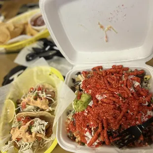 Shrimp &amp; fish tacos &amp; flamin hot fries