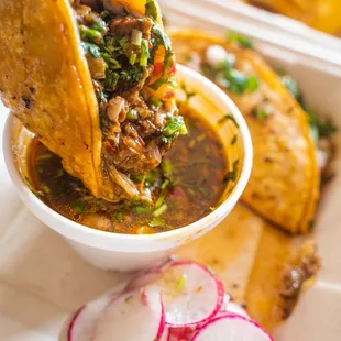 Chessy birria tacos + consome