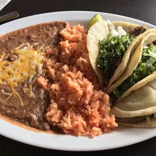 Brisket tacos, rice and beans