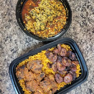 Egusi with Chicken (top) and Beef with Joloff Rice, Plantain