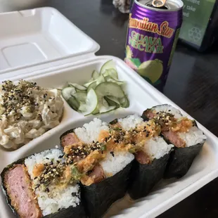 Spam Katsu Musubi with Furikake Mac and Cucumber Salads. Hawaiian Sun completes the meal.