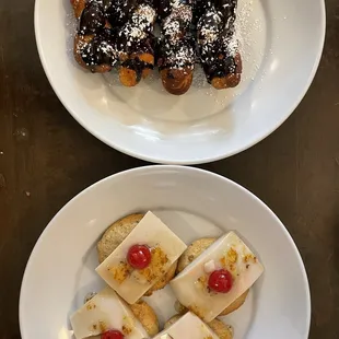 Almond &quot;tofu&quot; taosu and mahua youtiao, fried dough topped with a sour cherry raspberry chocolate  sauce
