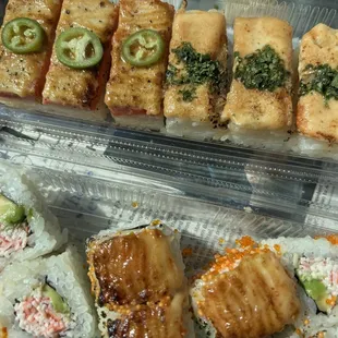 Box sushi and California roll.