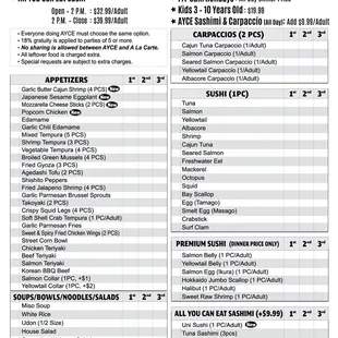 New AYCE Order Menu featuring sashimi and uni!