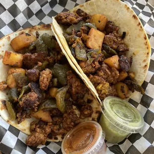 Impossible chorizo, potato, and poblano tacos