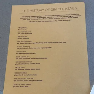 Current menu: "History of Gin Cocktails"