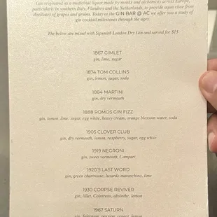Gin cocktail menu