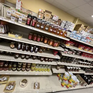 shelves of honey and jams