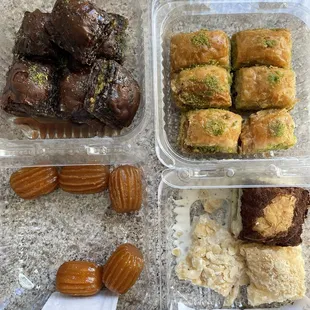 Baklavas (top 2), tulumba (bottom left), cold baklavas (bottom right)