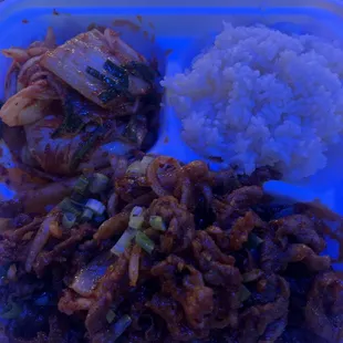 Spicy pork with rice &amp;&amp; kimchi   sooo delicious!!!! a great dinner