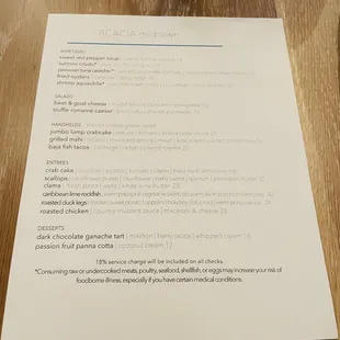 Dinner menu
