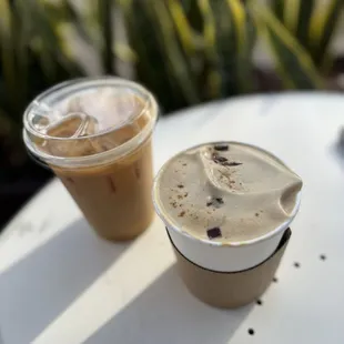 Seasonal banana cream pie latte and a pandan cold brew