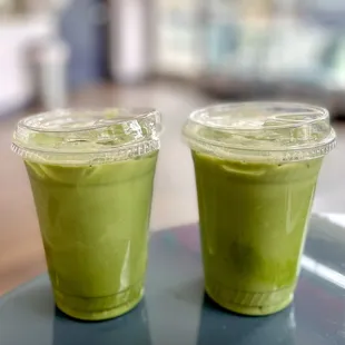 Matcha lattes with oatmilk