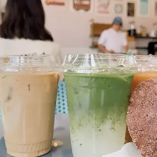 Pandan Latte, Matcha Lemonade, Pandan Cold Brew, Ube Crinkle Cookie