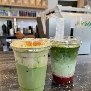 Banana cream matcha (left)  Strawberry matcha latte (right)