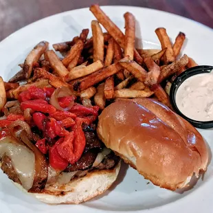 Santa Fe Burger - chorizo &amp; CAB patty, pepperjack cheese, grilled onions, roasted red peppers, chipotle sour cream w/ side