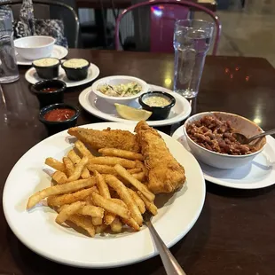 Fried Cod and fries, red beans and rice with coleslaw