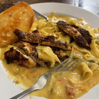 5 pepper cream with blackened chicken and pappardelle