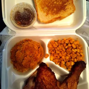 a meal in a styrofoam container