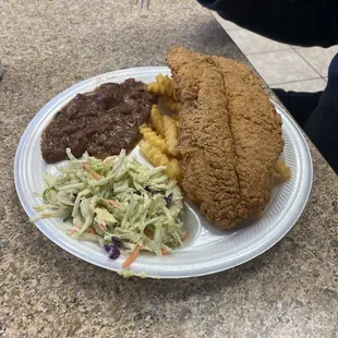 Catfish, coleslaw, fries, red beans and rice. Excellent!