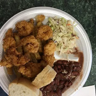 for $8.99 it has fried shrimp, red beans and rice with sausage, coleslaw, french fries and French bread. That's a tremendous deal.