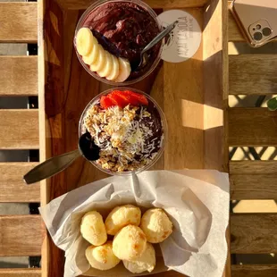 12oz Traditional Acai + Banana, Honey 12oz Traditional Acai + Strawberry, Granola, Coconut, Honey 6pcs Cheese Bread