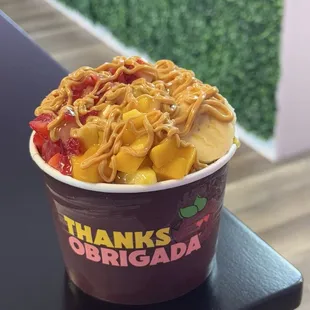 Medium Acai Bowl: Strawberry, Banana, Mango, Honey, Peanut Butter &amp; Shredded Coconut (My choice of 6 toppings today)