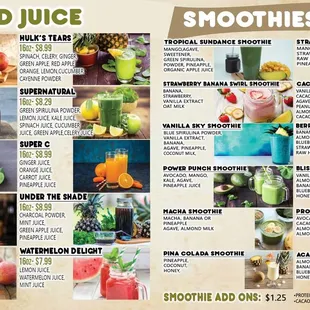 Cold press juice &amp; smoothies menu
