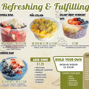 Acai bowls menu